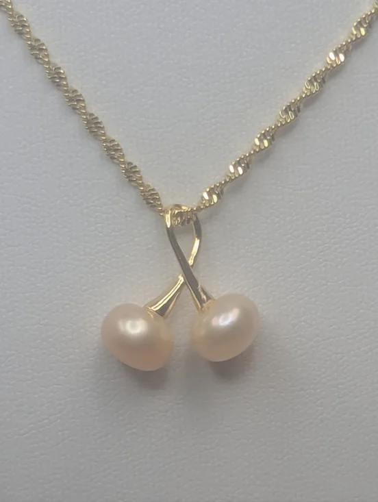 Champagne Peach Pearl Twist Necklace 18K Gold Plated Rope Chain Two 8mm Pearls - Picture 3 of 4